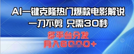 AI一键克隆热门爆款电影解说，一刀不剪，只需30秒，多平台分发，月入6k-中创网_专注互联网创业,项目资源整合-心诚资源网