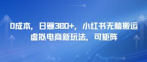 0成本,日入3张+,小红书无脑搬运,虚拟电商新玩法,可矩阵-中创网_专注互联网创业,项目资源整合-心诚资源网
