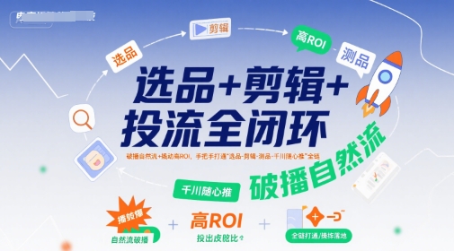 选品+剪辑+投流全闭环，破播自然流+撬动高ROI，手把手打通“选品-剪辑-测品-千川随心推”全链-中创网_专注互联网创业,项目资源整合-心诚资源网