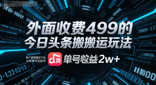 外面收费499的今日头条搬运玩法，有个老铁靠这个玩法单号总收益2w+-中创网_专注互联网创业,项目资源整合-心诚资源网