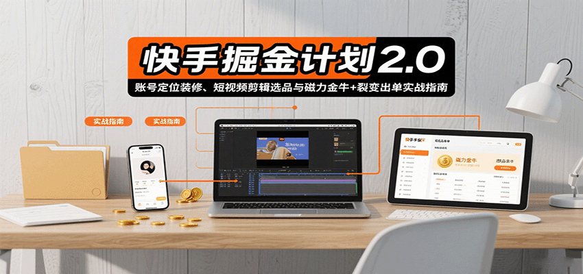 快手掘金计划2.0，账号定位装修、短视频剪辑选品与磁力金牛+裂变出单实战指南-中创网_专注互联网创业,项目资源整合-心诚资源网