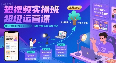 短视频实操班超级运营课，新手小白到短视频大神必修课程，剪辑-拍摄-运营-直播-变现-中创网_专注互联网创业,项目资源整合-心诚资源网