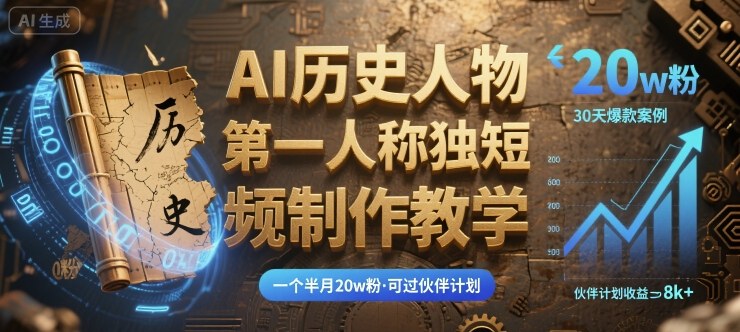 最新AI历史人物第一人称独白短视频制作教学，一个半月20w粉，可过伙伴计划-中创网_专注互联网创业,项目资源整合-心诚资源网