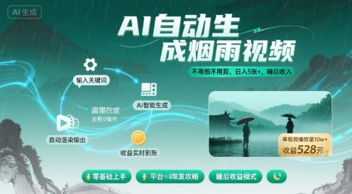 不用拍不用剪！AI自动生成烟雨视频，日入5张+，睡后收入-中创网_专注互联网创业,项目资源整合-心诚资源网